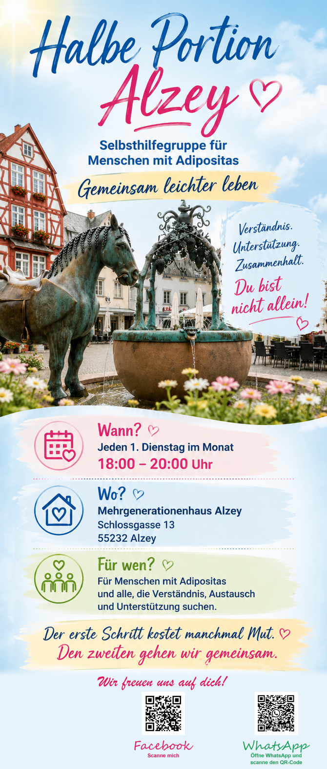 Roll-up der Selbsthilfegruppe mit Treffpunkt, Facebook und WhatsApp